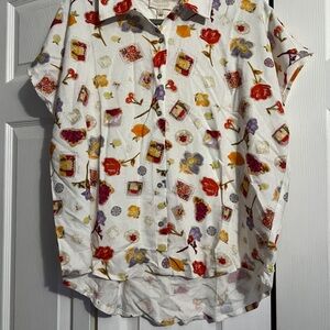 Floral Button Down Shirt - White and Red